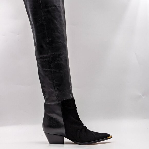 Schutz Women Tenia Western Cowboy Pinty Toe Black Leather OTK Boots size 5 - Picture 11 of 11